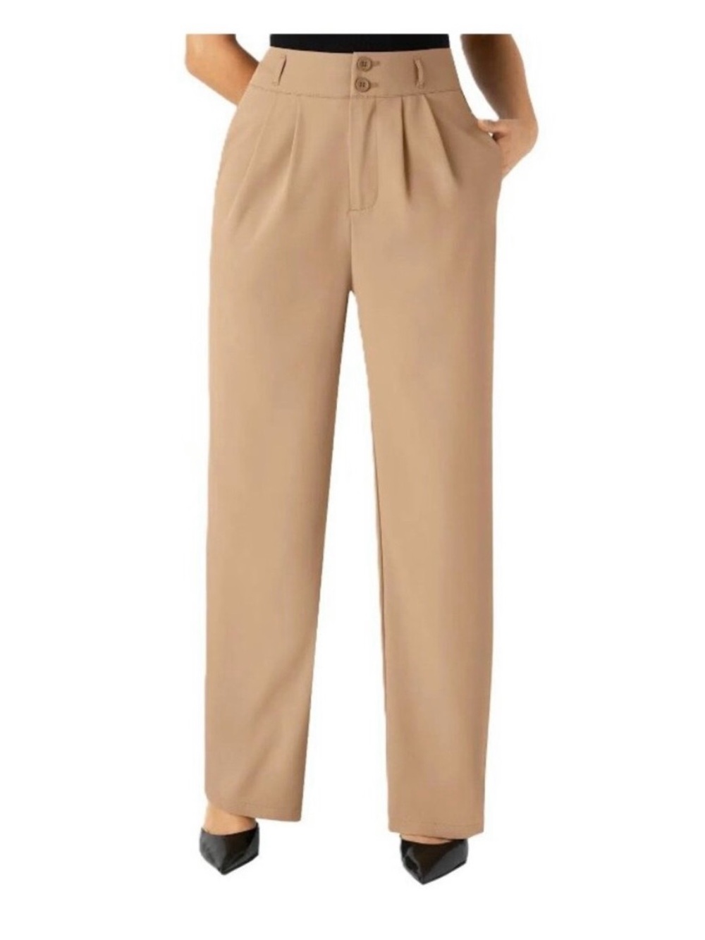 Halara High Waisted Button Zipper Side Pocket Wide Leg Trousers Tan Large Petite